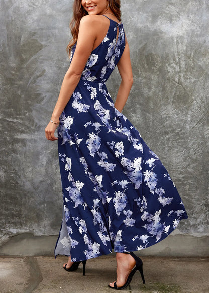 New Navy Side Open Print Cotton Maxi Dresses Summer