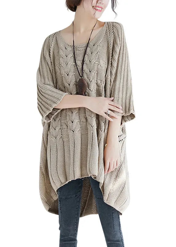 Khaki O Neck Hollow Out Knit Tops Batwing Sleeve
