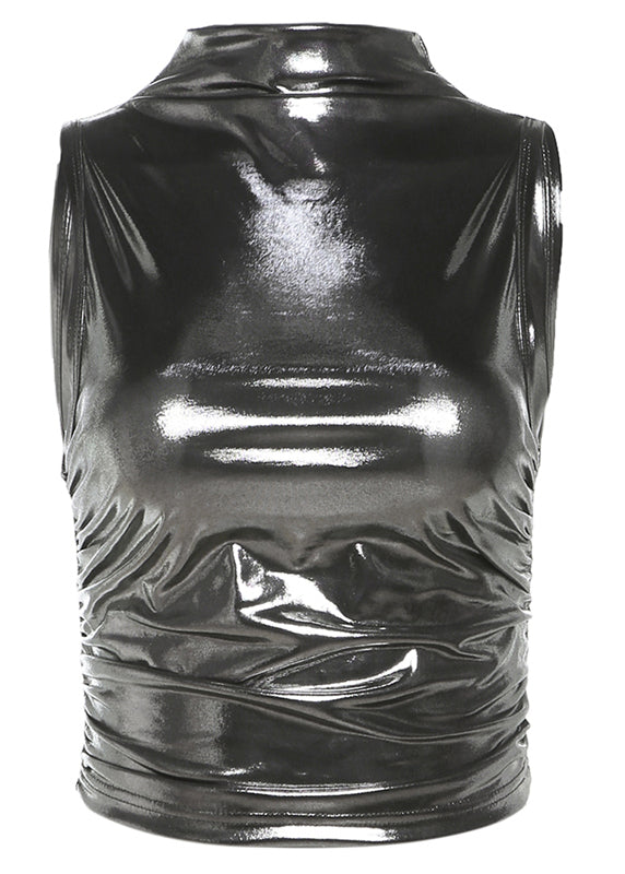 Modern Silvery Turtleneck Faux Leathe Tops Sleeveless