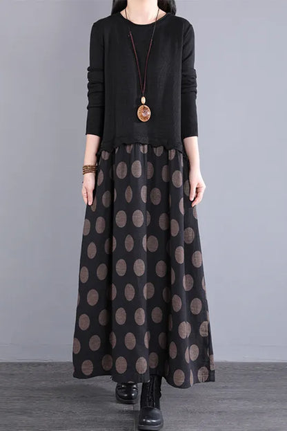 Fall Stitching Long Dress Retro Black Knitted Dress