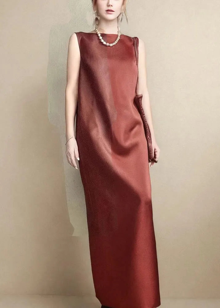 Red Pockets Back Side Open Silk Long Dress Sleeveless