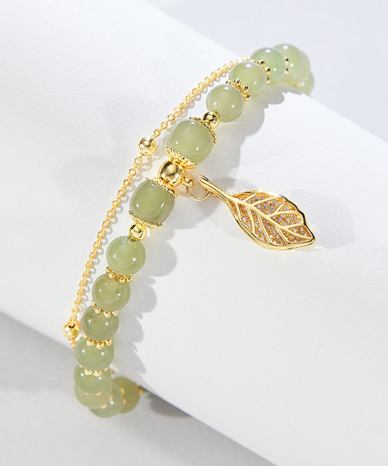 Tanksgiving Day Give Away- Green 18k Gold Inlaid Jade Zircon Leaf Charm Bracelet