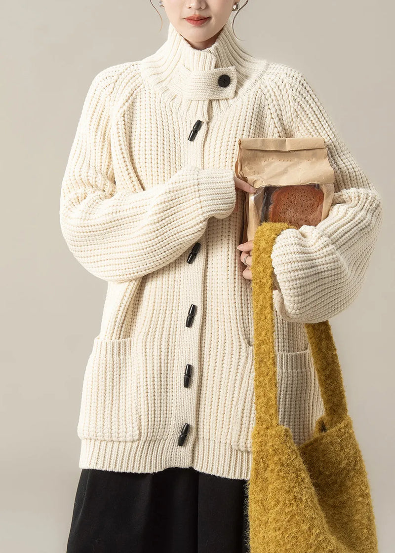 Beige Pockets Cotton Knit Cardigan Long Sleeve