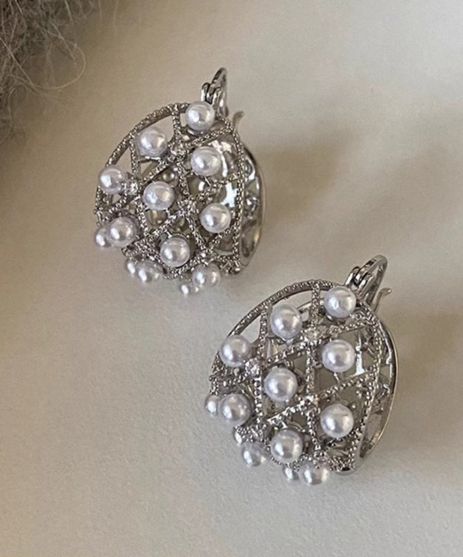 New Silk Copper Alloy Hollow Out Pearl Hoop Earrings