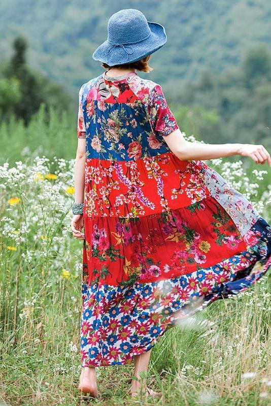 Print Splicing Short Sleeve 100% Cotton Dress