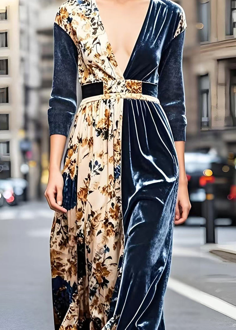 Navy V Neck Patchwork Print Silk Velvet Dresses Spring