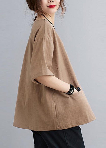 Khaki Patchwork Pockets Cotton Linen Shirt Summer