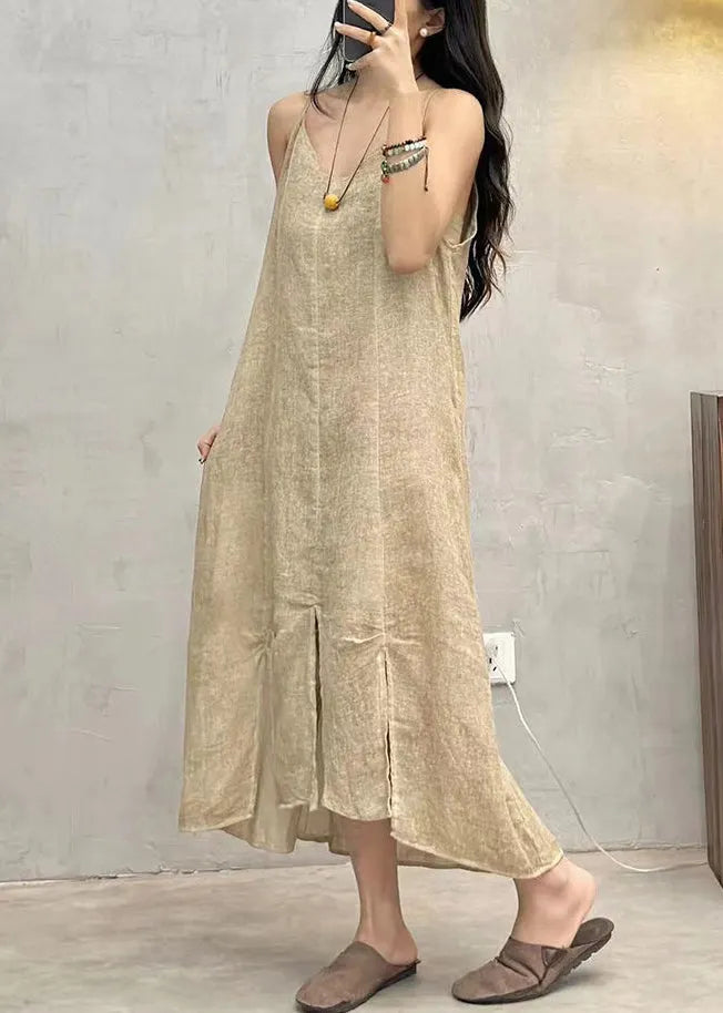Loose Apricot V Neck Linen Spaghetti Strap Dress Sleeveless