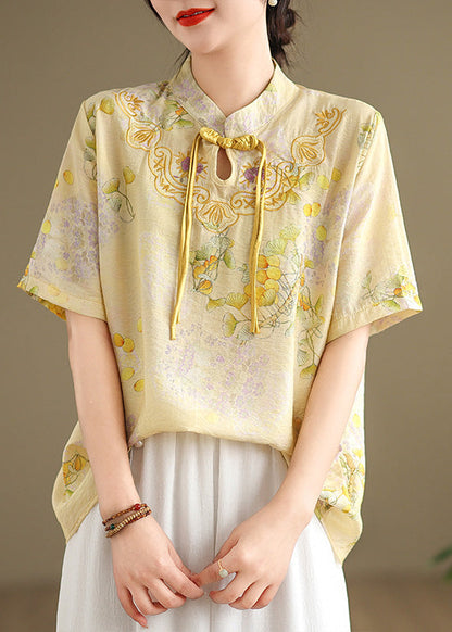 Yellow Tasseled Print Linen Blouses Summer