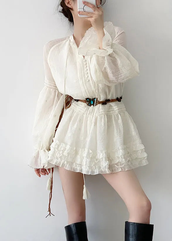 Beige Ruffled Lace Up Cotton Mini Dress Fall