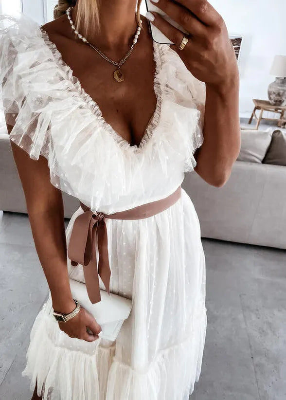 French White V Neck Ruffled Patchwork Tulle Dress Summer