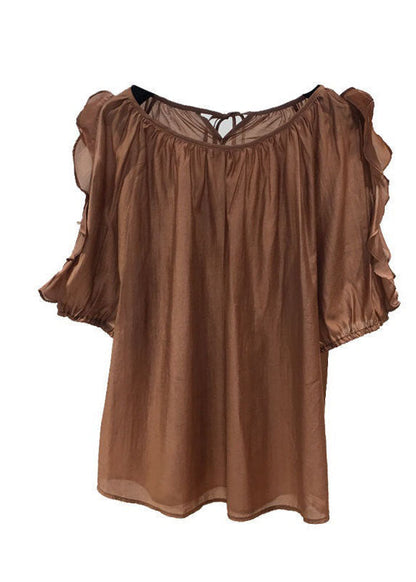 Coffee Patchwork Chiffon Shirt Tops Ruffled O-neck Summer