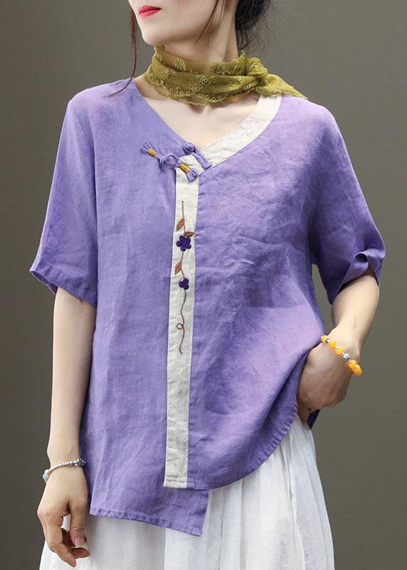 Purple Embroidered Asymmetrical Design Patchwork Summer Linen Blouse Top Short Sleeve
