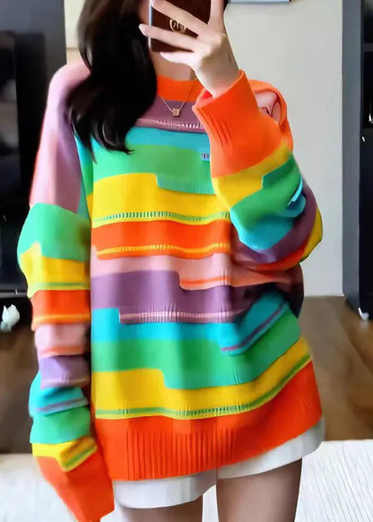 French Rainbow O Neck Striped Knit Sweater Tops Fall
