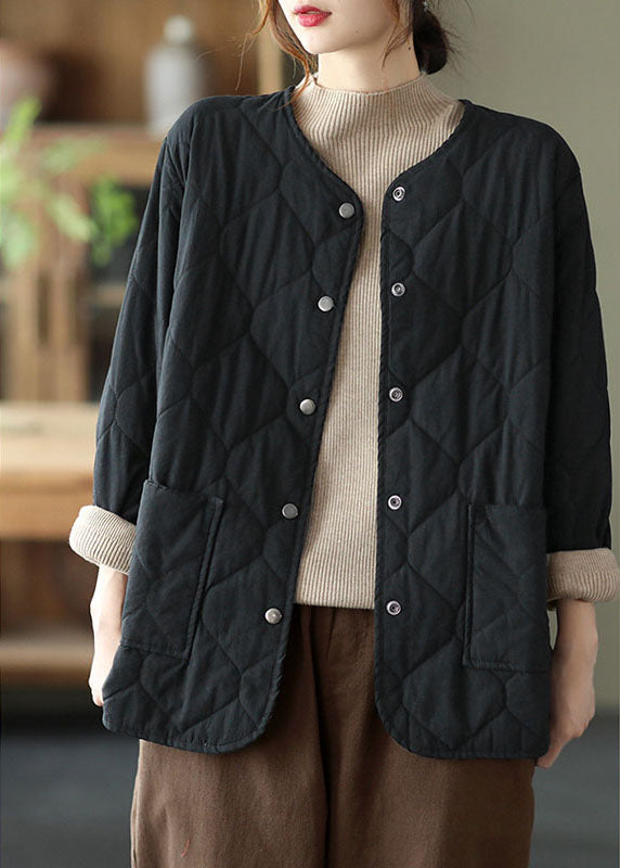 Hot Khaki O-neck Pockets Button Winter Coats Parkas