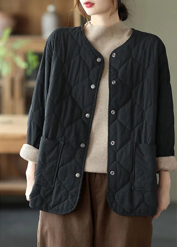 Hot Khaki O-neck Pockets Button Winter Coats Parkas