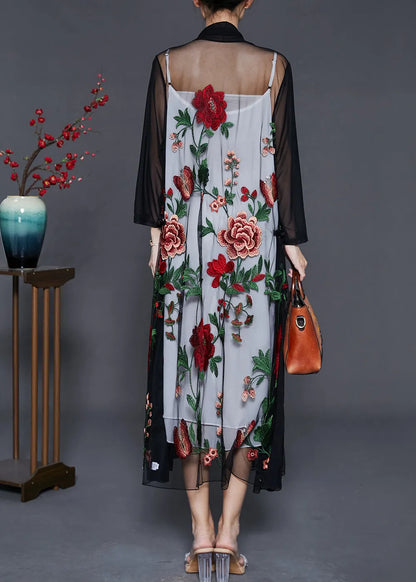 Classy Black Embroidered Tulle Loose Cardigan Summer