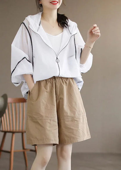 Style White Hooded Zippered Cotton Upf 50+ Coat Jacket Long Sleeve