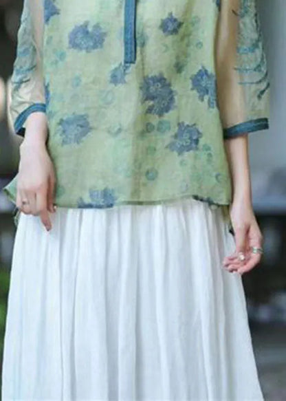 Green O Neck Organza Embroidered Patchwork Linen Top Summer