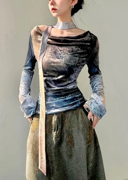 New Blue O-neck Wrinkled Silk Velour Tops Fall