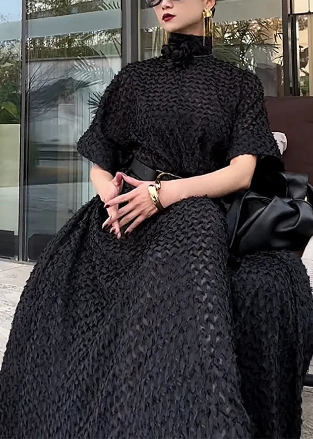 Black Hign Neck Tie Waist Cotton Dresses Fall