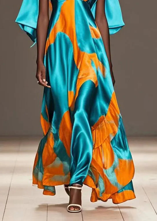 Green V Neck Print Silk Holiday Dress Cloak Sleeves