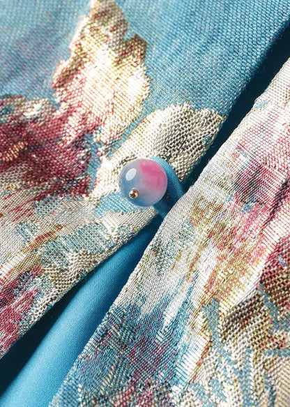 Blue V Neck Jacquard Patchwork Cotton Cardigan Fall