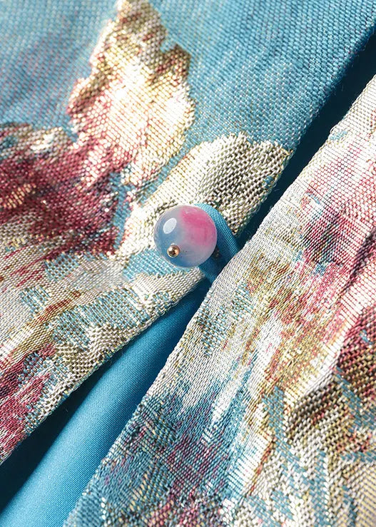 Blue V Neck Jacquard Patchwork Cotton Cardigan Fall