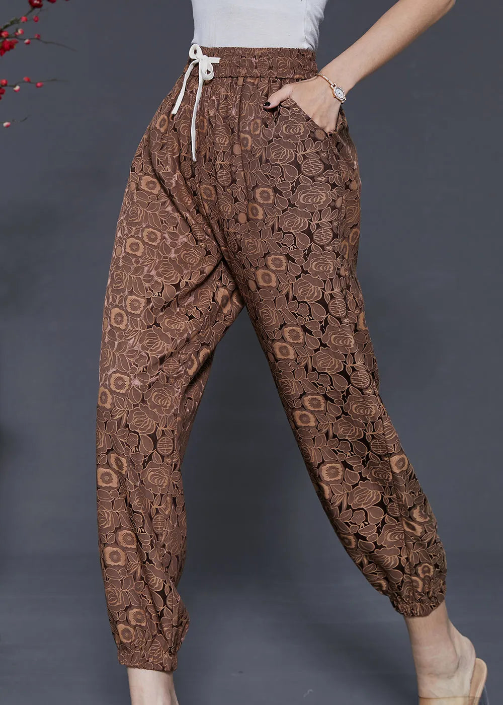 Coffee Jacquard Chiffon Harem Pants Summer