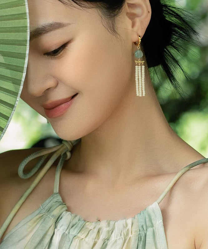 Classy White Copper Overgild Jade Beads Tassel Drop Earrings