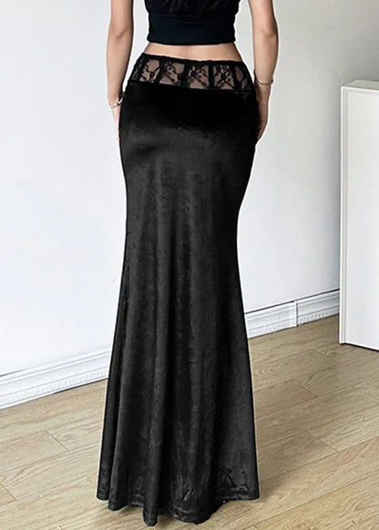 Black Silm Fit Silk Velvet Wraped Skirt Spring