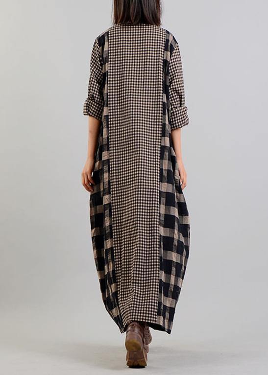 V Neck Patchwork Cotton Linen Spring Quilting Clothes Tunic Tops Plaid Dresses