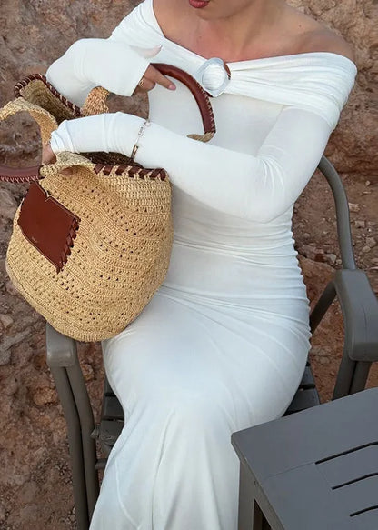 Slim Fit White Slash Neck Side Open Cotton Long Dresses Spring