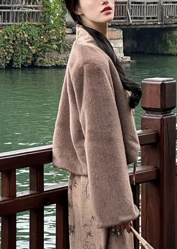 Coffee V Neck Print Patchwork Leather and Fur Coat Winter