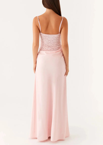 Slim Fit Pink Cold Shoulder Lace Patchwork Spaghetti Strap Dress Sleeveless