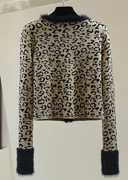 Leopard V Neck Print Patchwork Cotton Knit Sweater Winter
