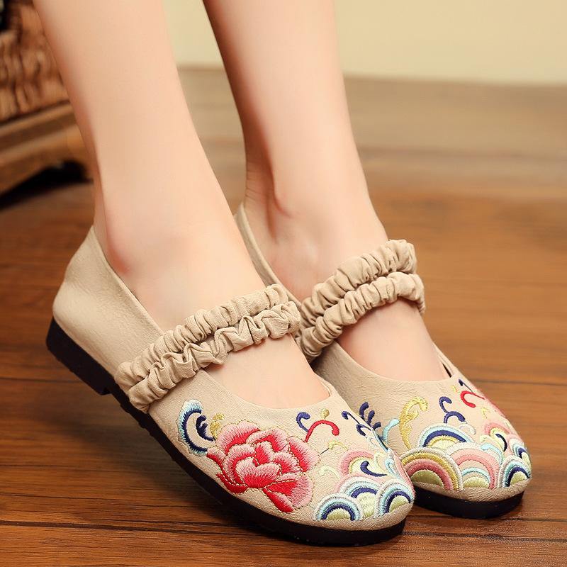 Red Embroidered Cotton Linen Fabric Flat Shoes Lace Up Flat Shoes