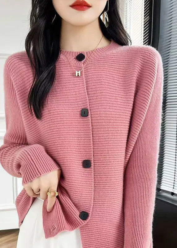 Fine Pink O-neck Button Cotton Knit Cardigans Fall