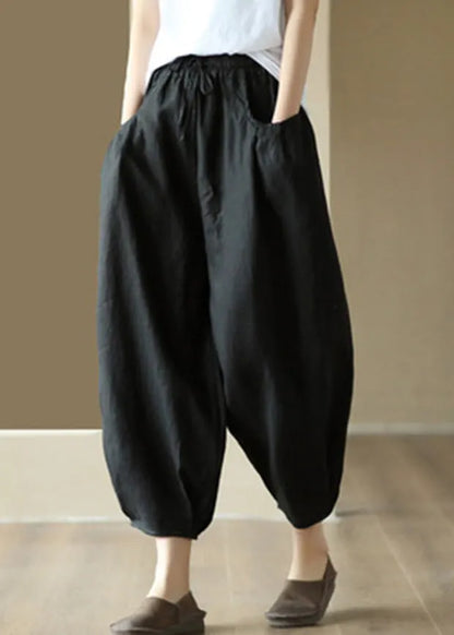 White Wrinkled Tie Waist Linen Lantern Pants Summer