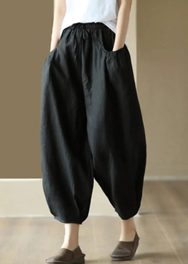 White Wrinkled Tie Waist Linen Lantern Pants Summer