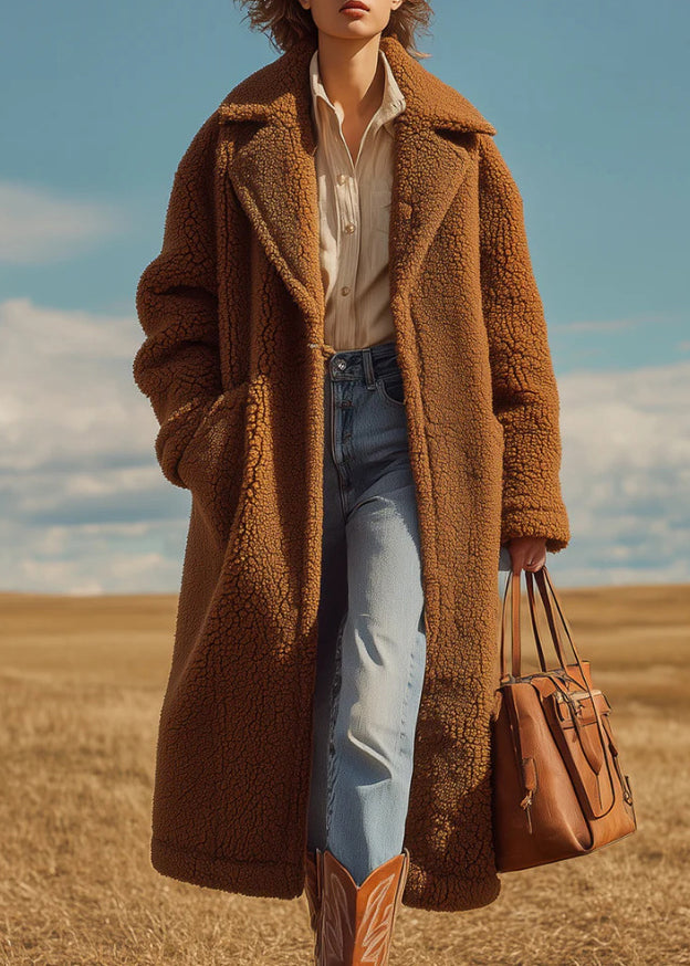 French Brown Peter Pan Collar Pockets Faux Fur Long Coats Winter
