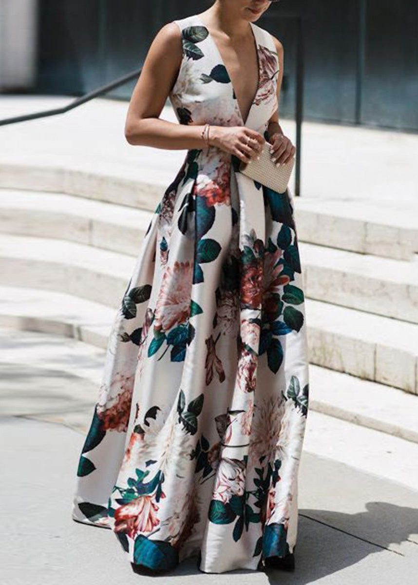 Stylish White V Neck Print Wrinkled Cotton Long Dresses Sleeveless