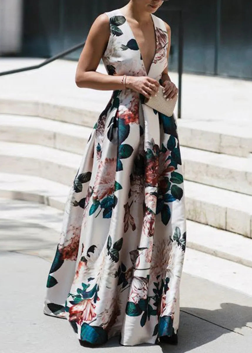 Stylish White V Neck Print Wrinkled Cotton Long Dresses Sleeveless