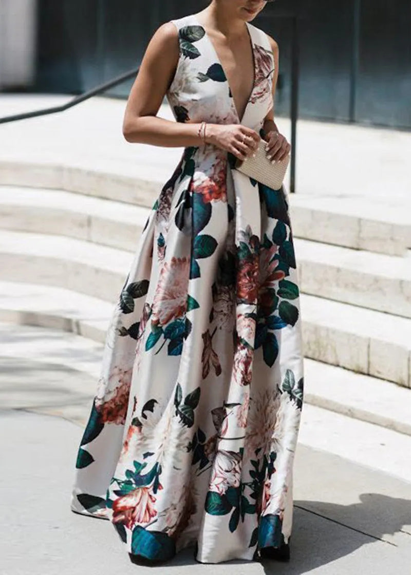 Stylish White V Neck Print Wrinkled Cotton Long Dresses Sleeveless