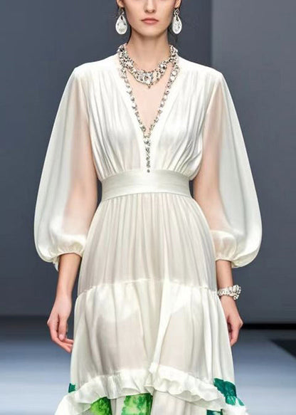 French White Cinched Patchwork Print Silk Long Dress Bracelet Sleeve