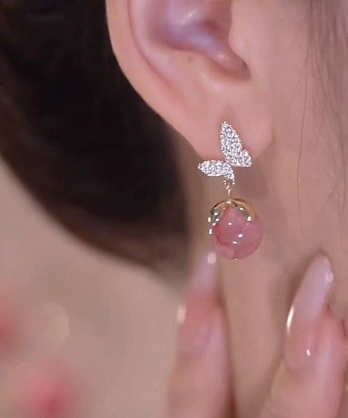 Pink Overgild Zircon Opal Butterfly Drop Earrings