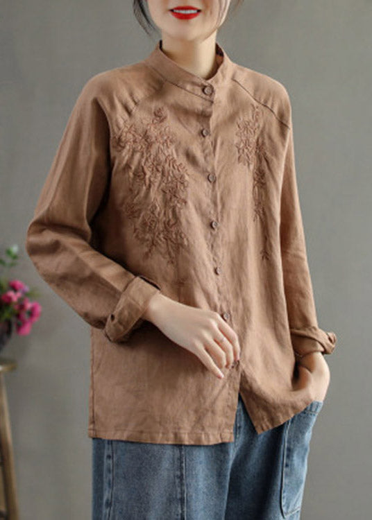 Chocolate Stand Collar Embroidered Button Linen Shirts Long Sleeve