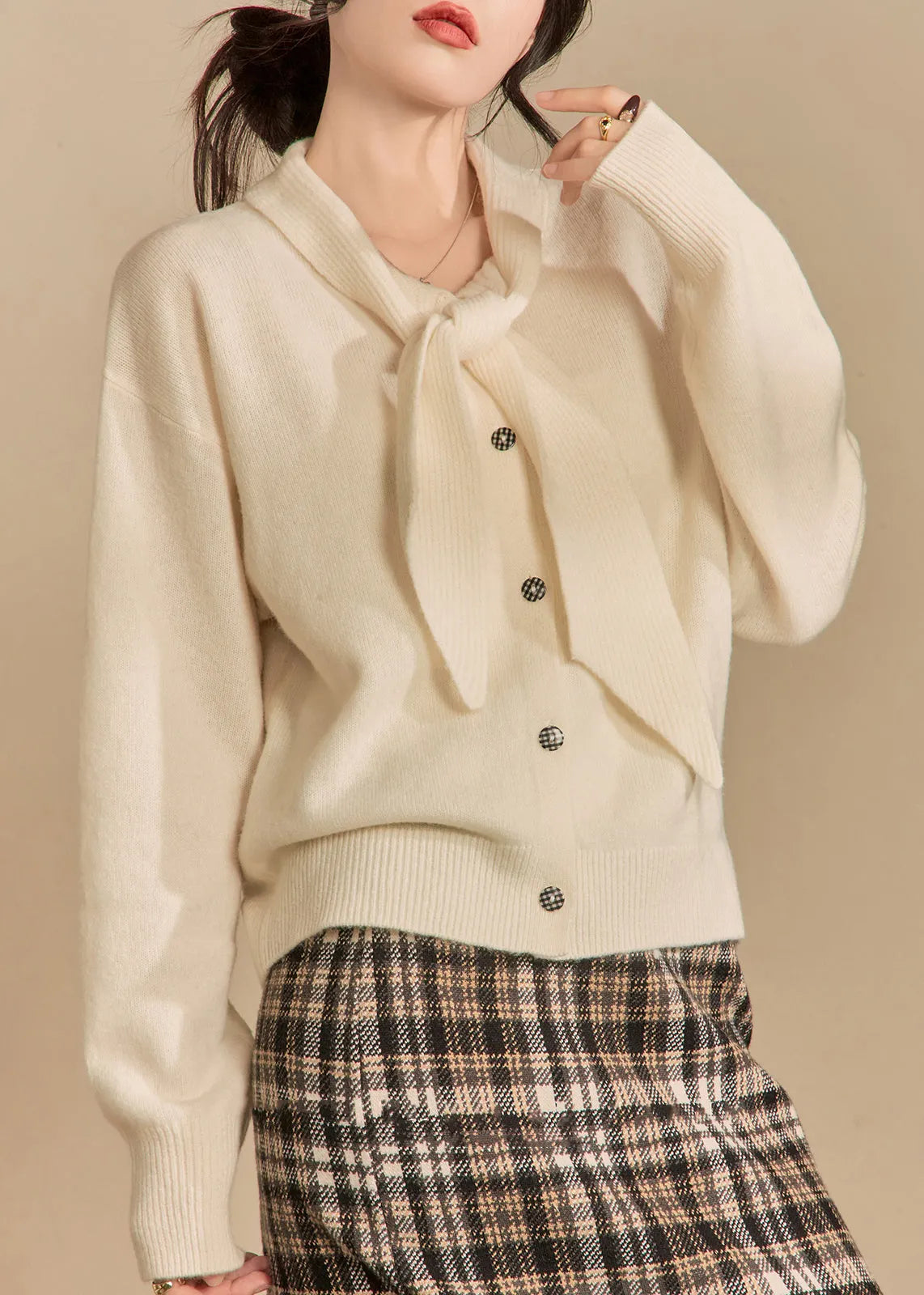 Beige Bow Button Knit Sweaters Winter