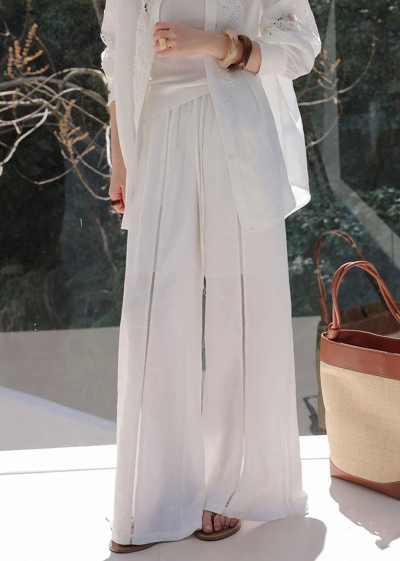 Handmade Beige Elastic Waist Patchwork Wide Leg Pants Spring