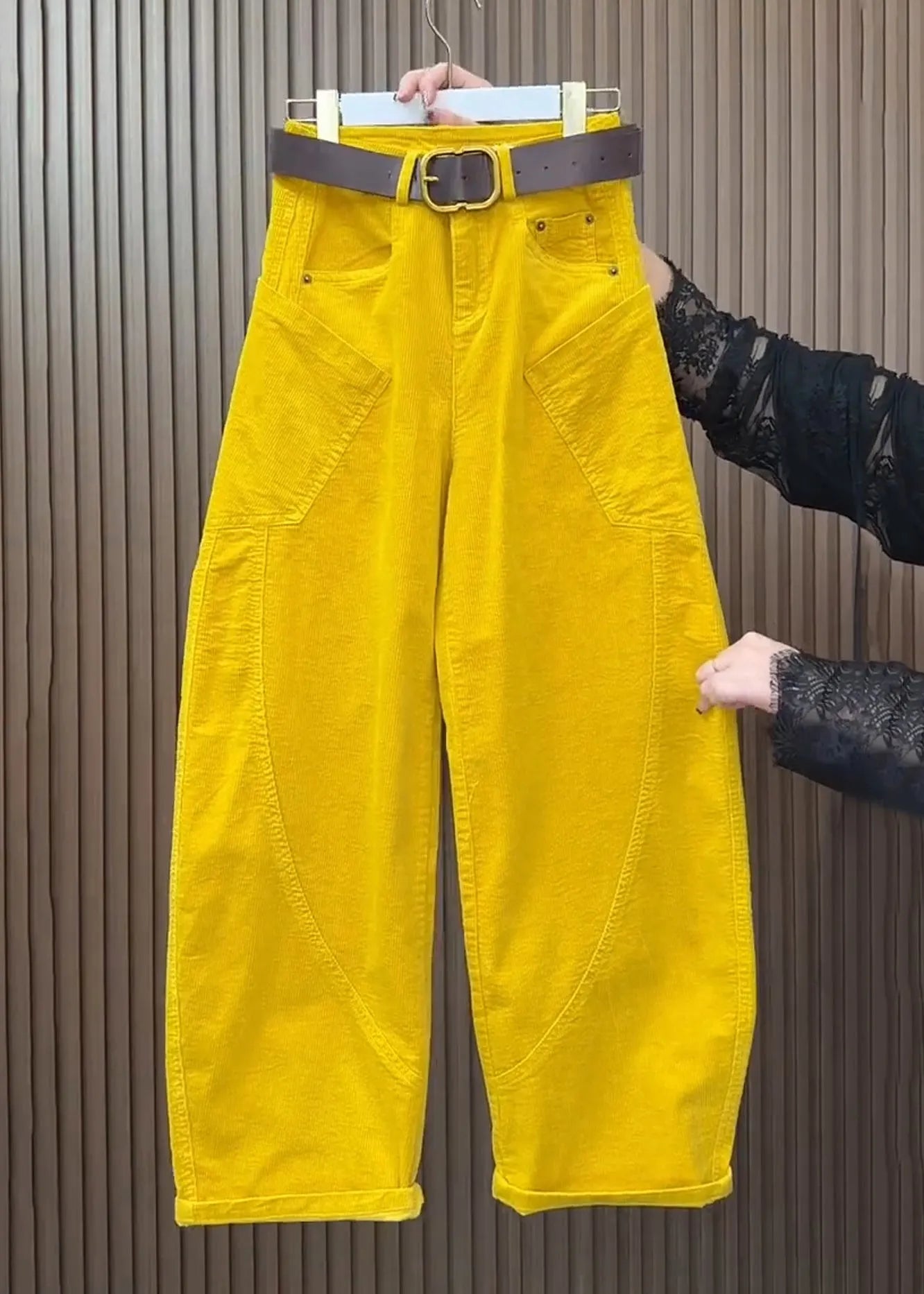 Yellow Pockets High Waist Corduroy Wide Leg Pants Fall